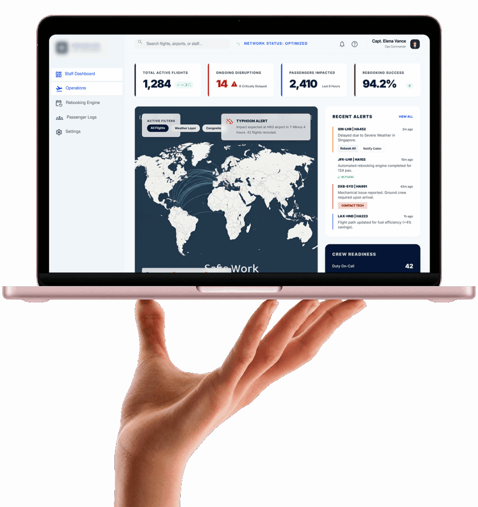 Airline Disruption Booking Software Airline disruption booking system dashboard