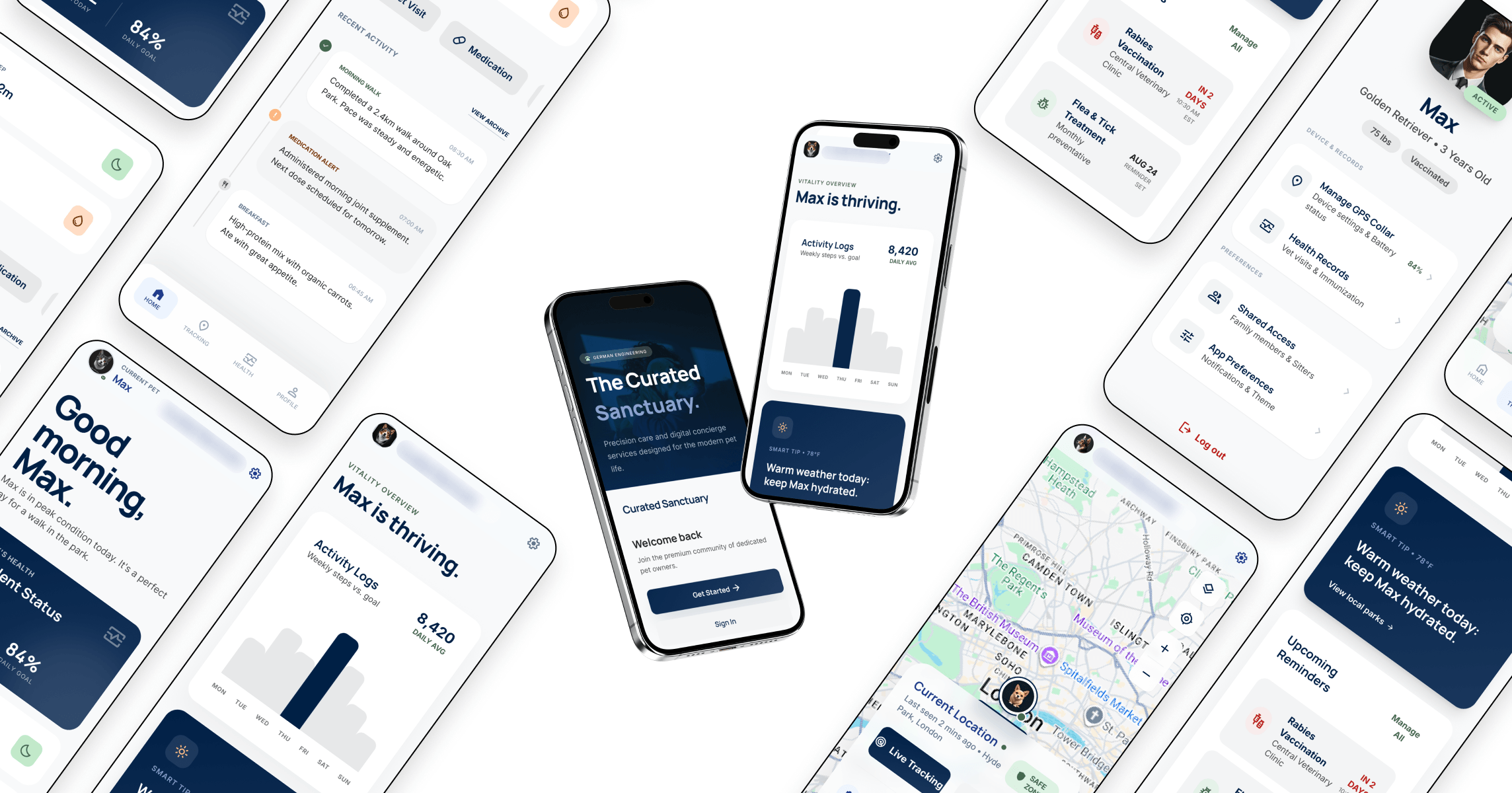 Pet care app dashboard with health tracking and GPS monitoring