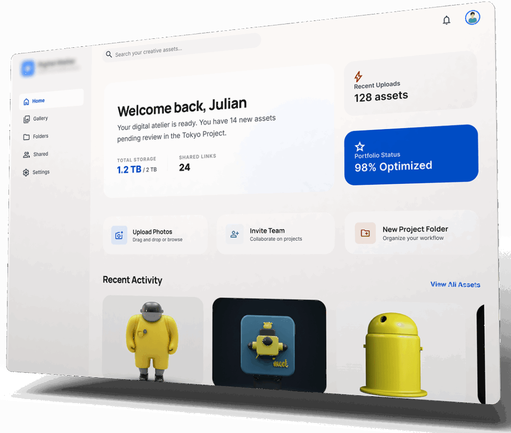 Photo Sharing & Management Software Solution – Hero Graphic Cloud-based photo sharing and management software platform dashboard illustration